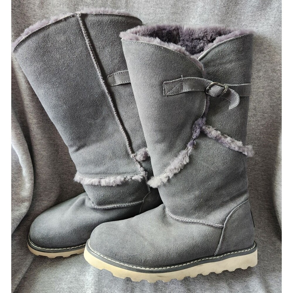 Bearpaw Tall Grey Boots Women’s 11 Gray Winter Snow Suede Sheepskin Comfort EUC